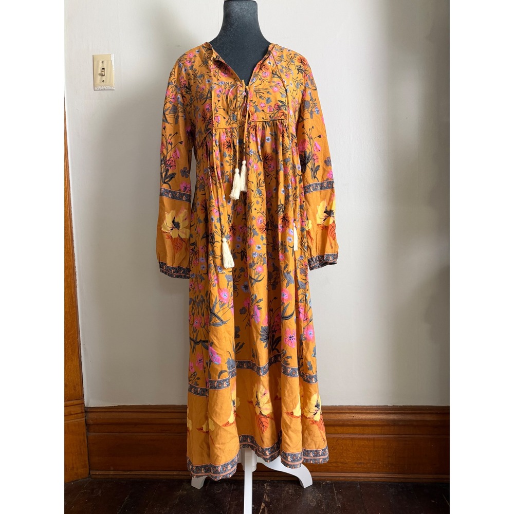 R.Vivimos‎ Floral Boho Tassel Maxi Dress S 4/6 Long Sleeve cottagecore prairie